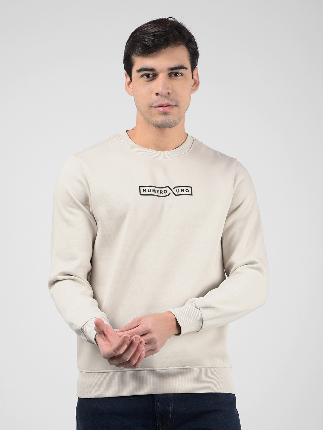 Numero Uno Men Logo Print Beige Sweat Shirt